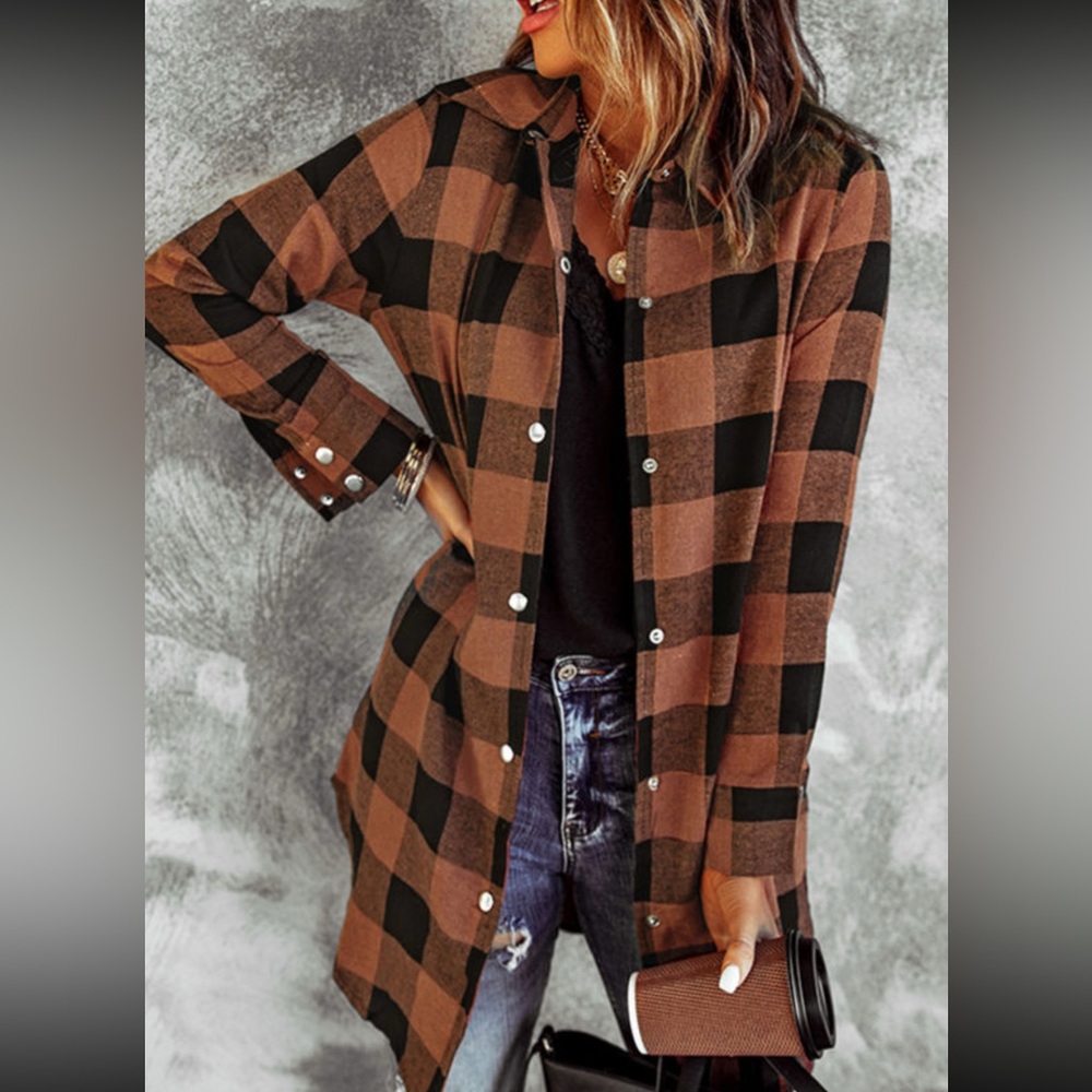1016. Plaid collared flannel Shacket in Brown